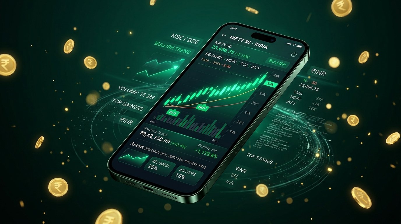 Dhan stock market trading platform on smartphone with live upward Indian stock charts and portfolio performance